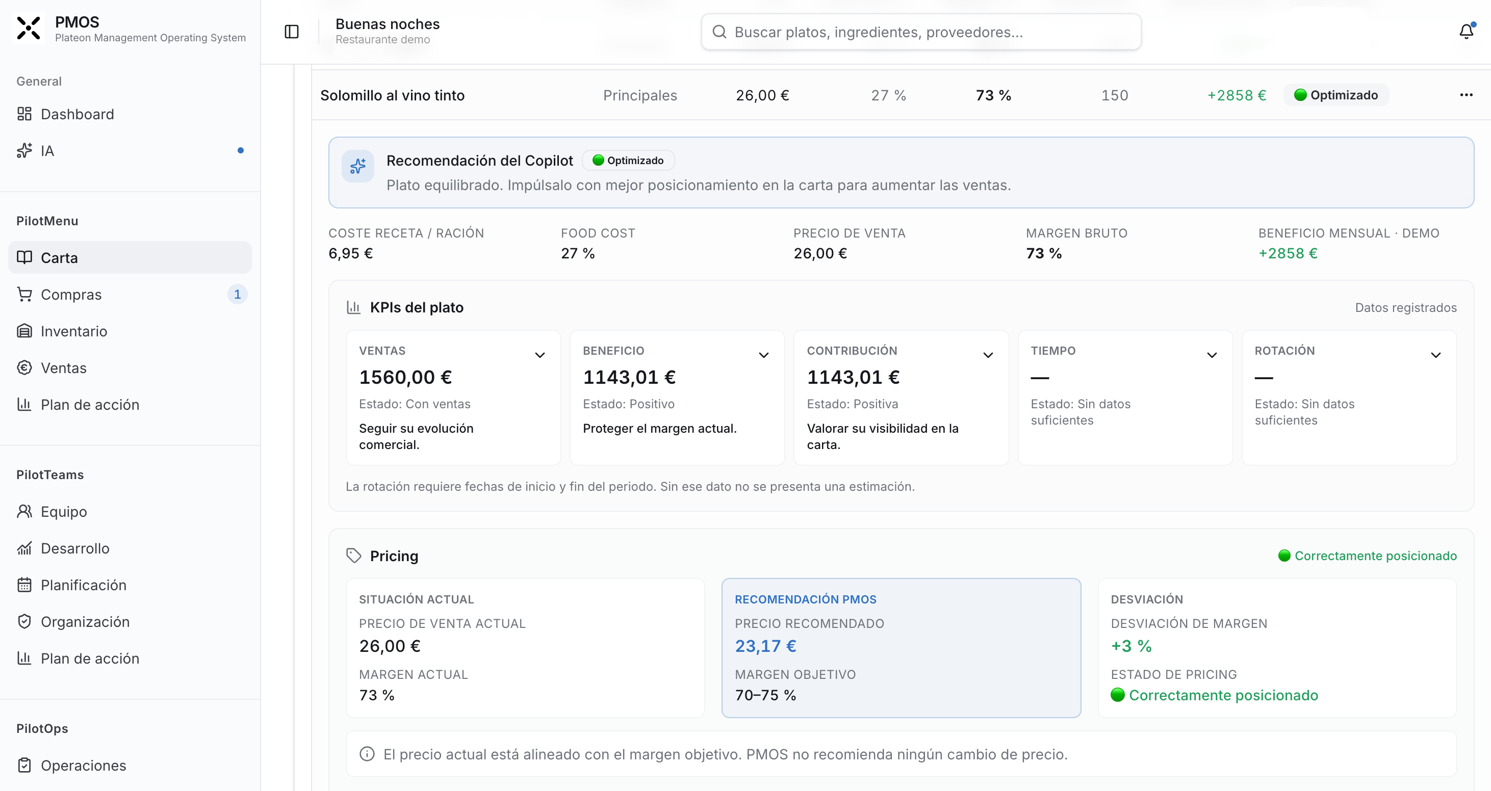 Análisis de rentabilidad y recomendación de PMOS sobre un plato